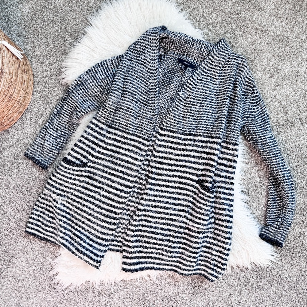 Forever 21 Black White Striped Cardigan Womens Large Open Front Knit